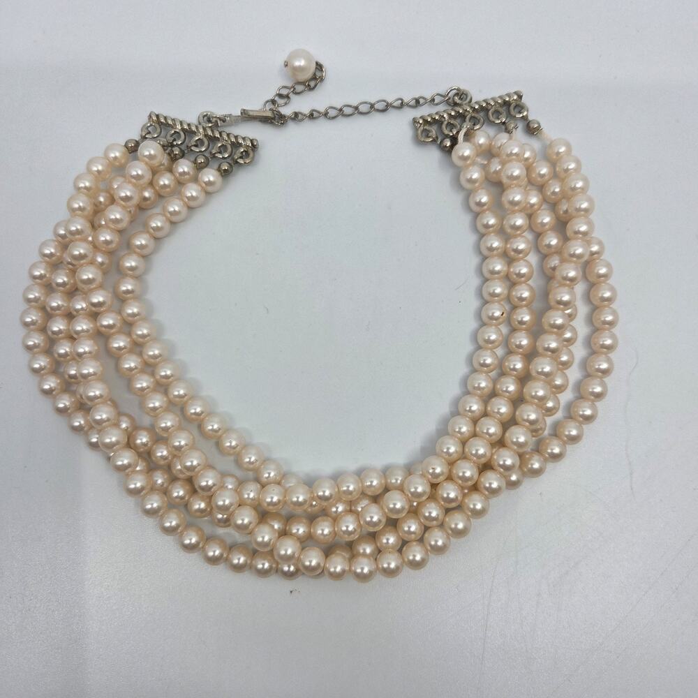 Ann Taylor 5 Strand Faux Pearl Choker Statement Necklace Ivory Silver Tone 11.5"
